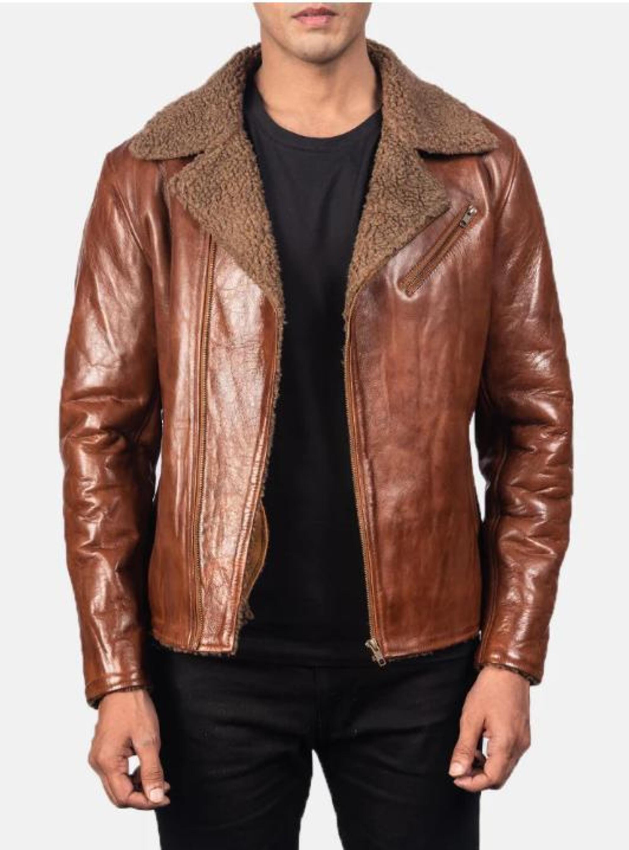 Men's Real Leather Bomber Jacket with Faux Fur Collar – Erdem Winter Stylish Warm Outerwear
