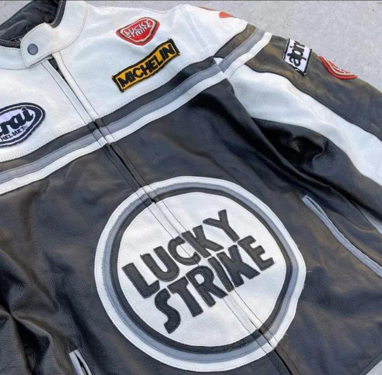 Lucky Strike Racing Leather Jacket: Vintage MotoGP Motorcycle Coat