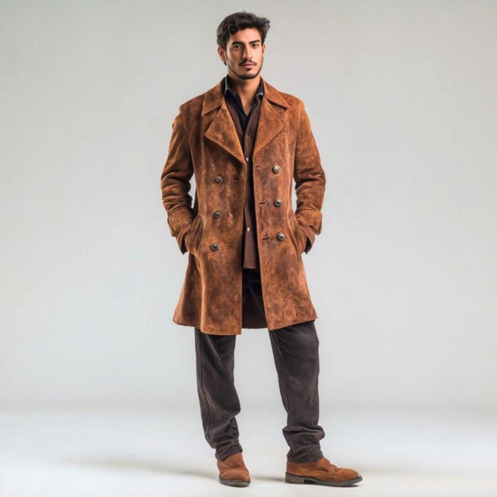 Brown Vintage Suede Trench Coat - Maier's Stylish Leather Western Duster Overcoat