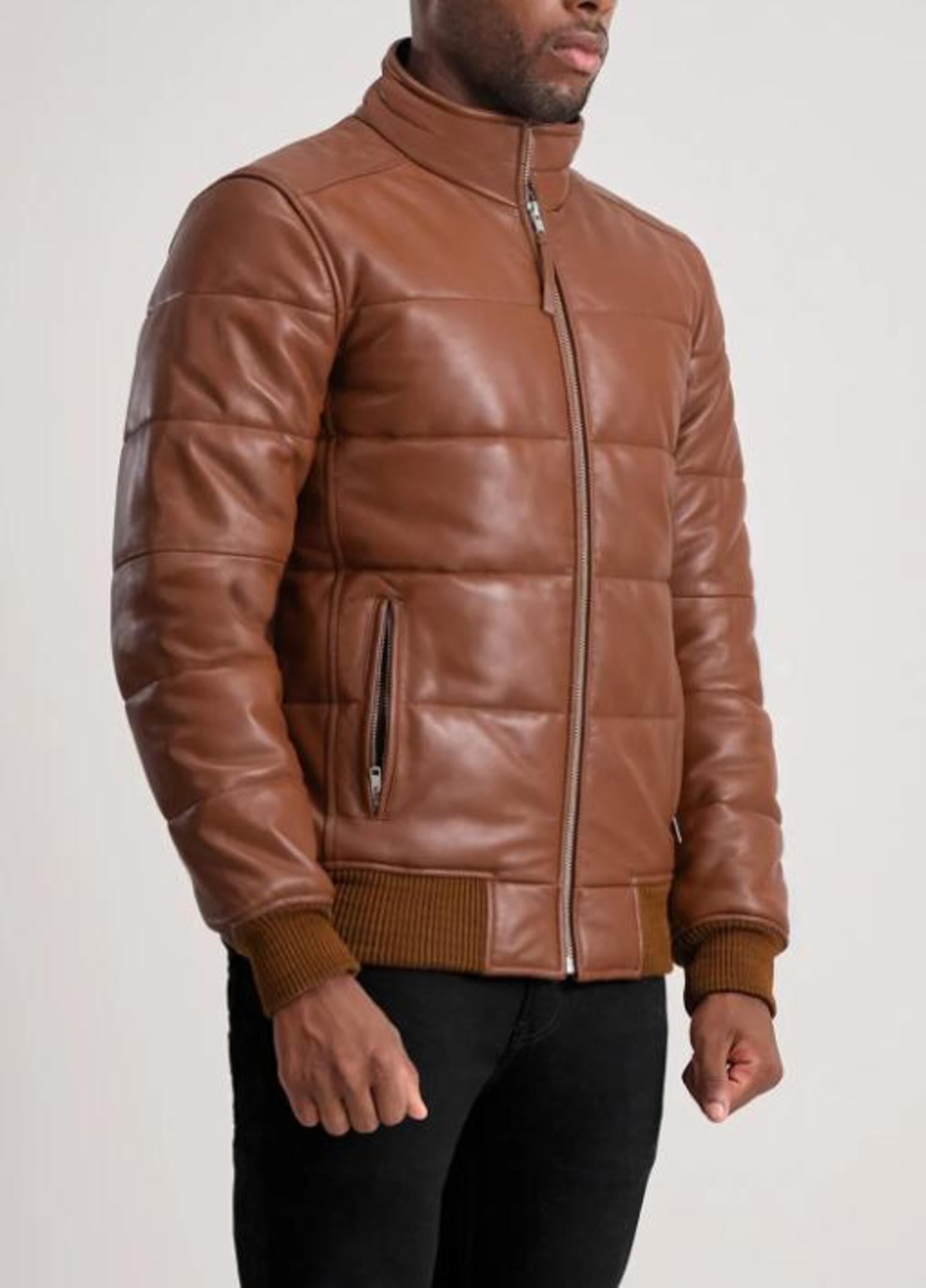 Handmade Sheepskin Leather Puffer Biker Jacket for Men - Erdem Style