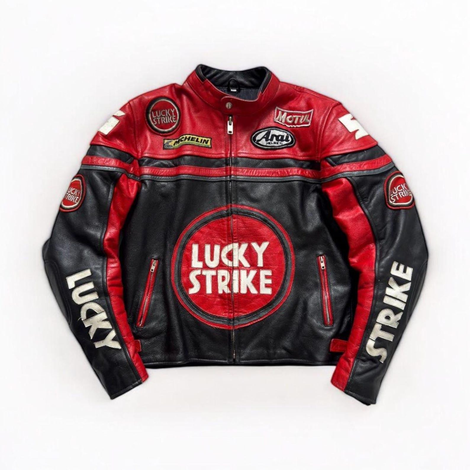 Lucky Strike Racing Leather Jacket: Vintage MotoGP Motorcycle Coat