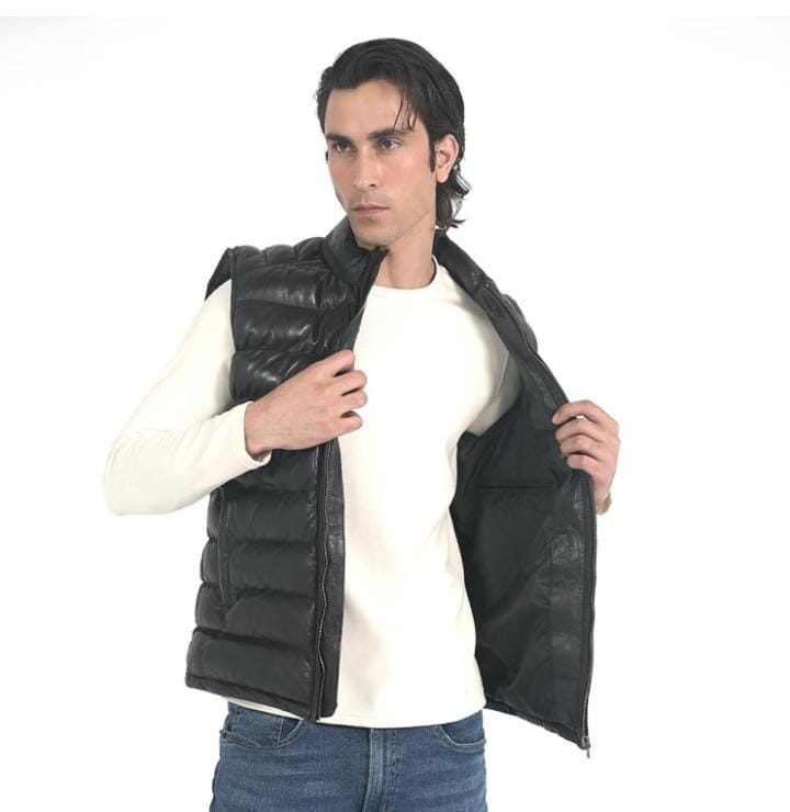 Handmade Sheepskin Leather Biker Vest: Quilted Puffer Style