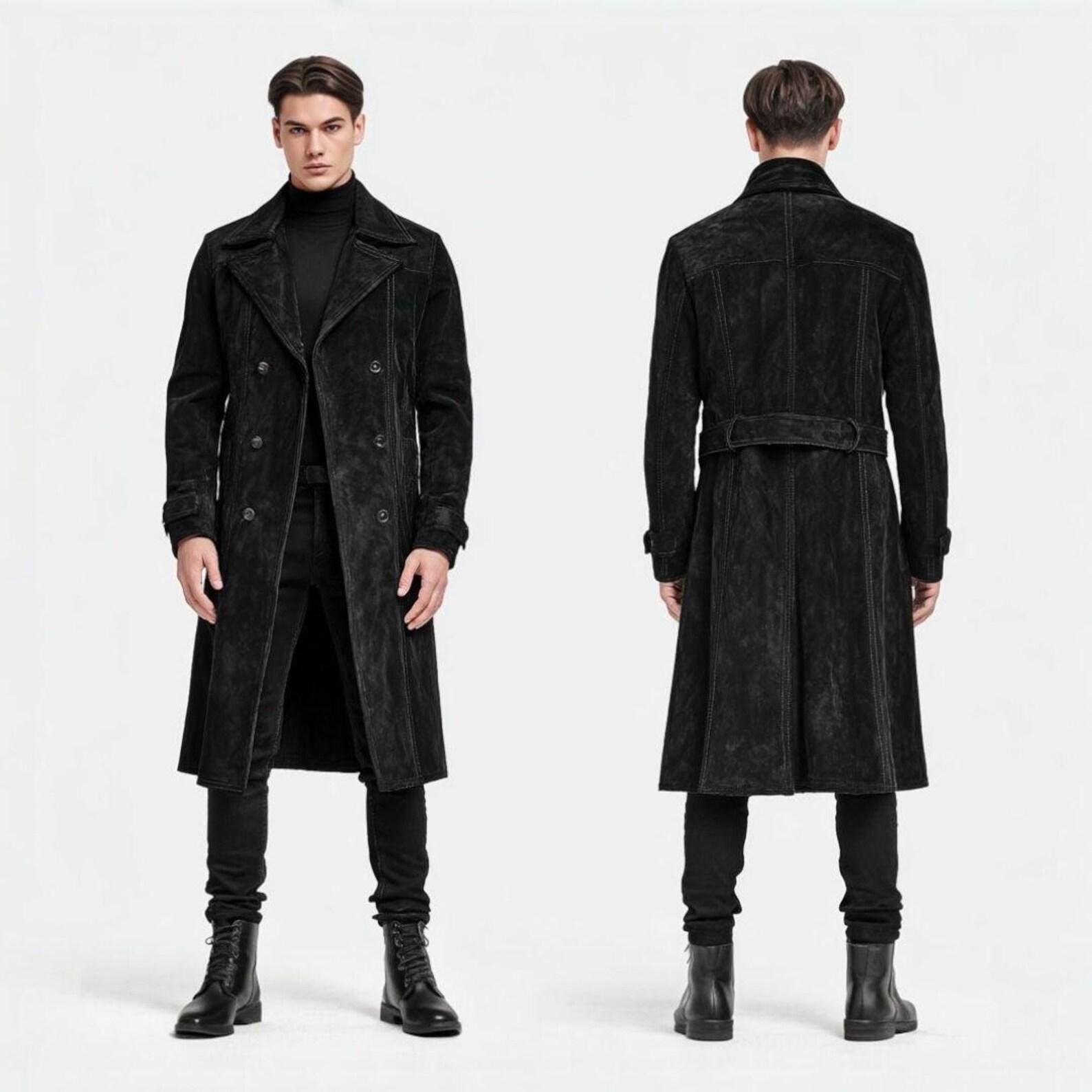 Men's Black Suede Leather Trench Coat: Vintage Western Duster