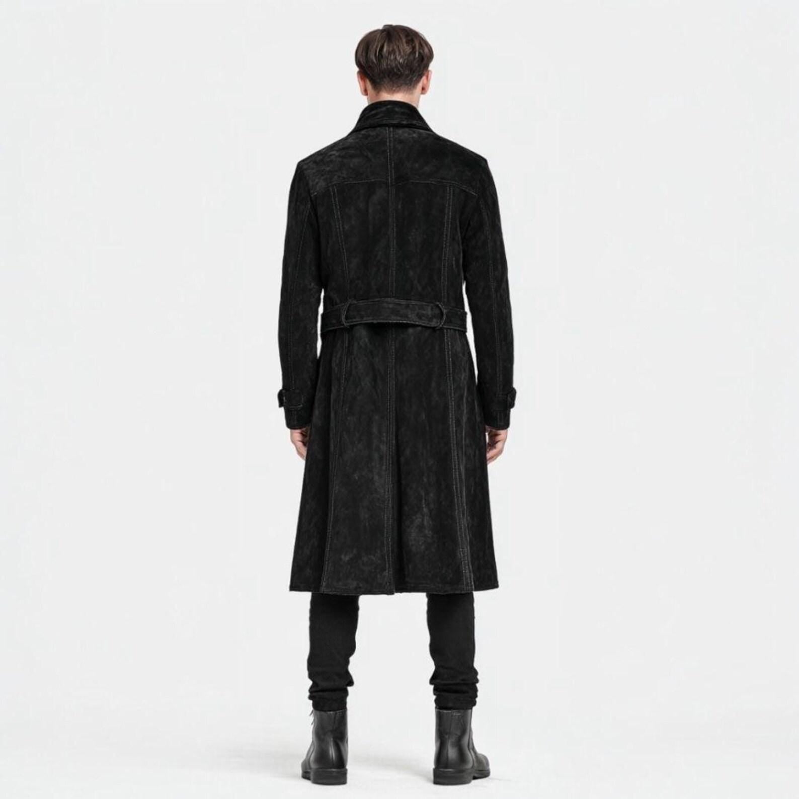Men's Black Suede Leather Trench Coat: Vintage Western Duster