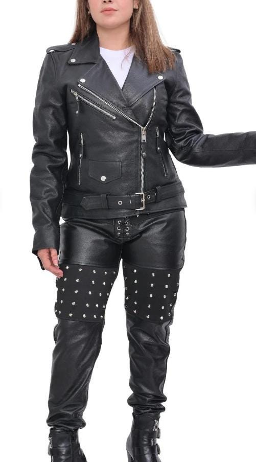 Handmade Black Leather Motorcycle Suit: Women's Biker Jacket & Pant
