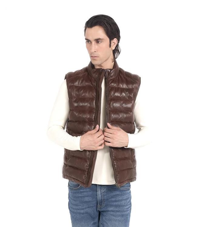 Handmade Sheepskin Leather Biker Vest: Quilted Puffer Style