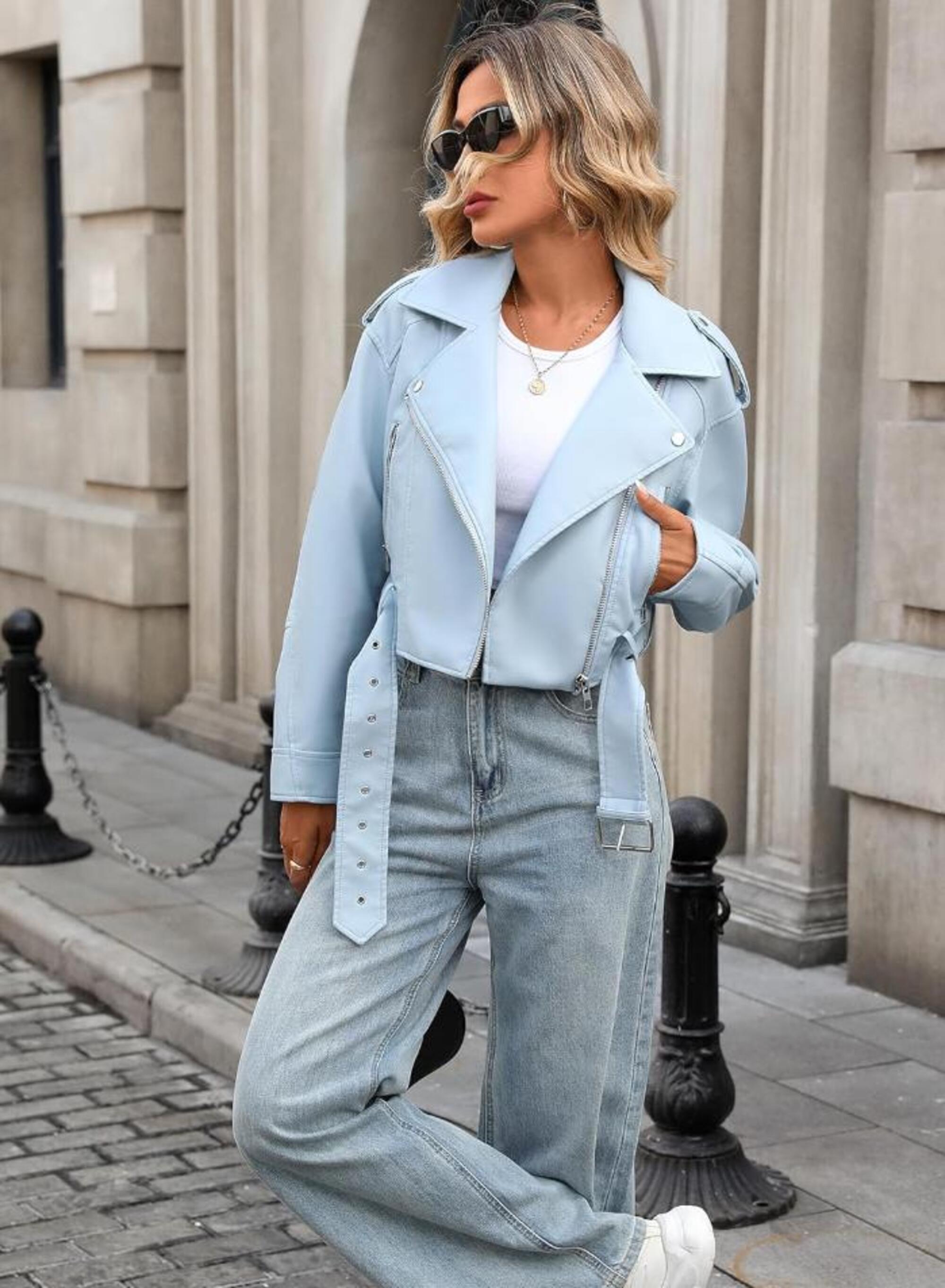 Women's Cropped Sheepskin Leather Jacket – Erdem Stylish Belted Short Streetwear Coat