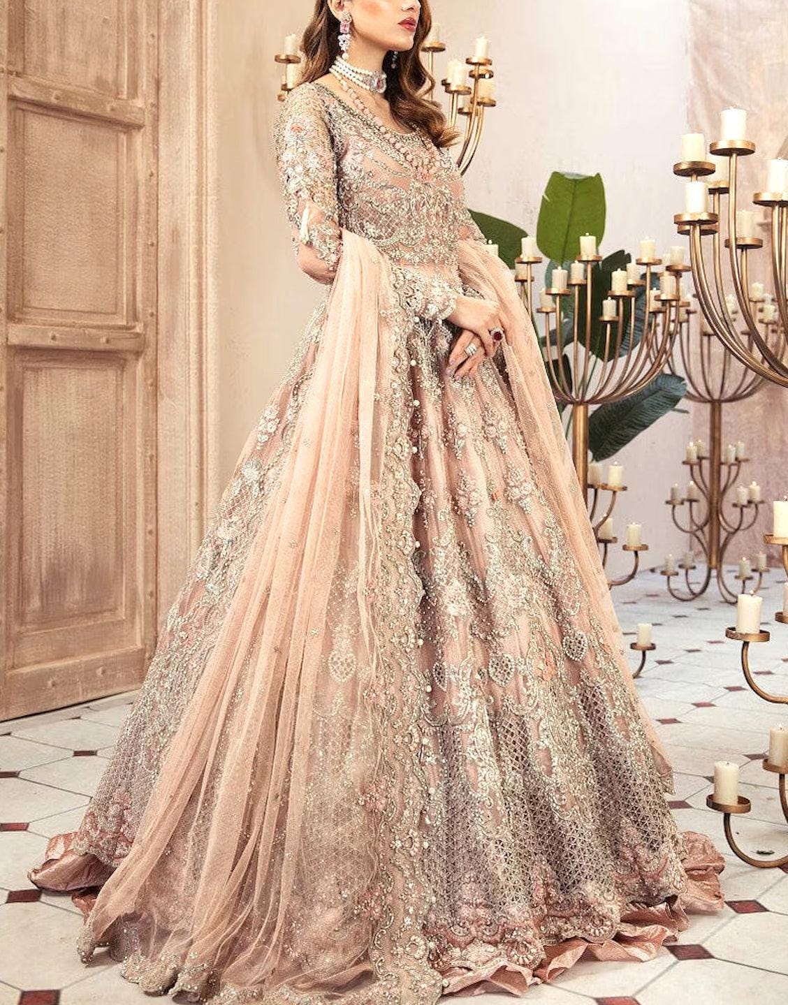Peach Bridal Gown | Embroidered Net Maxi Dress with Dupatta