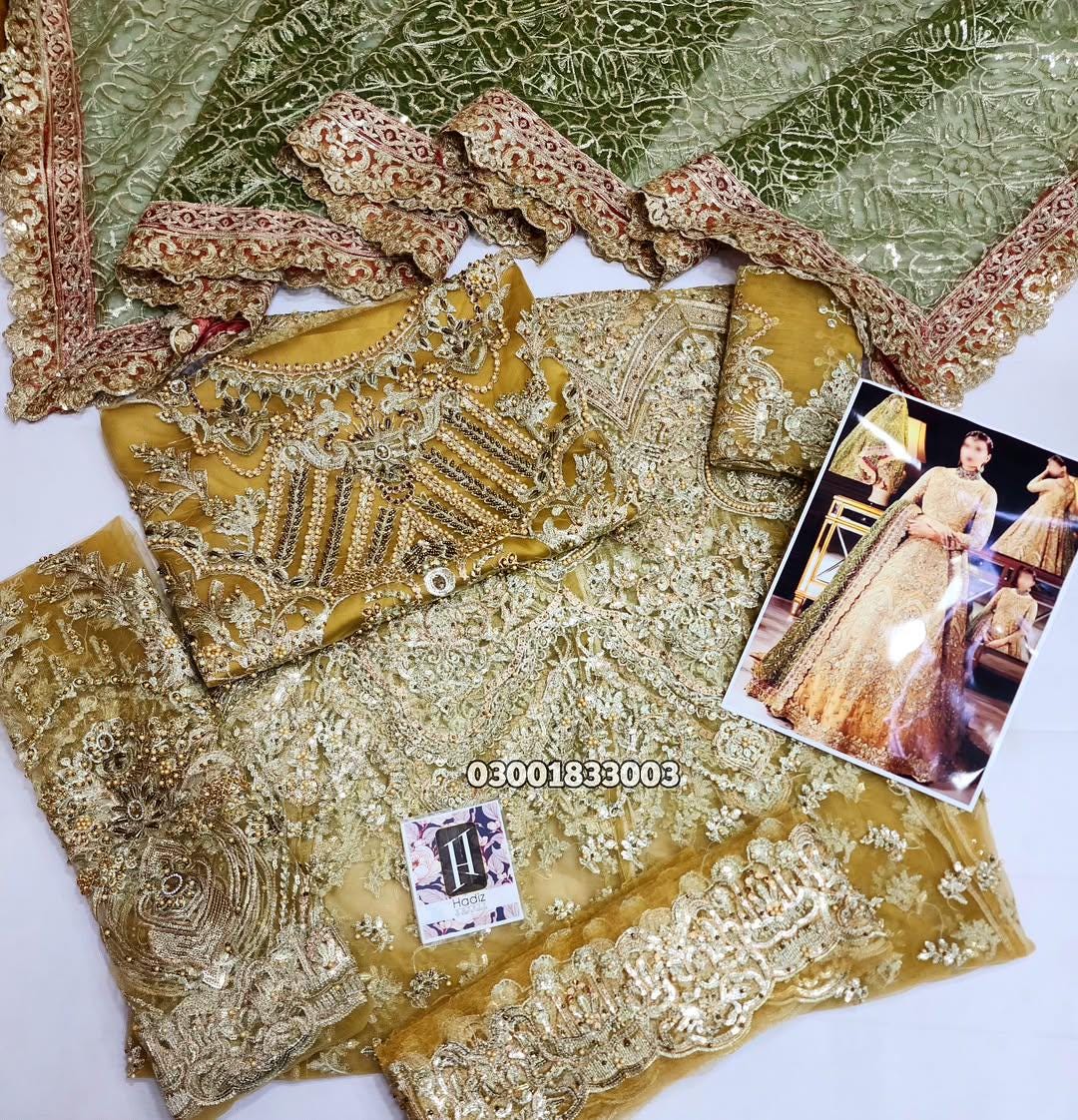 Golden Embroidered Pakistani Bridal Gown | Green Dupatta, Luxury Wedding Dress