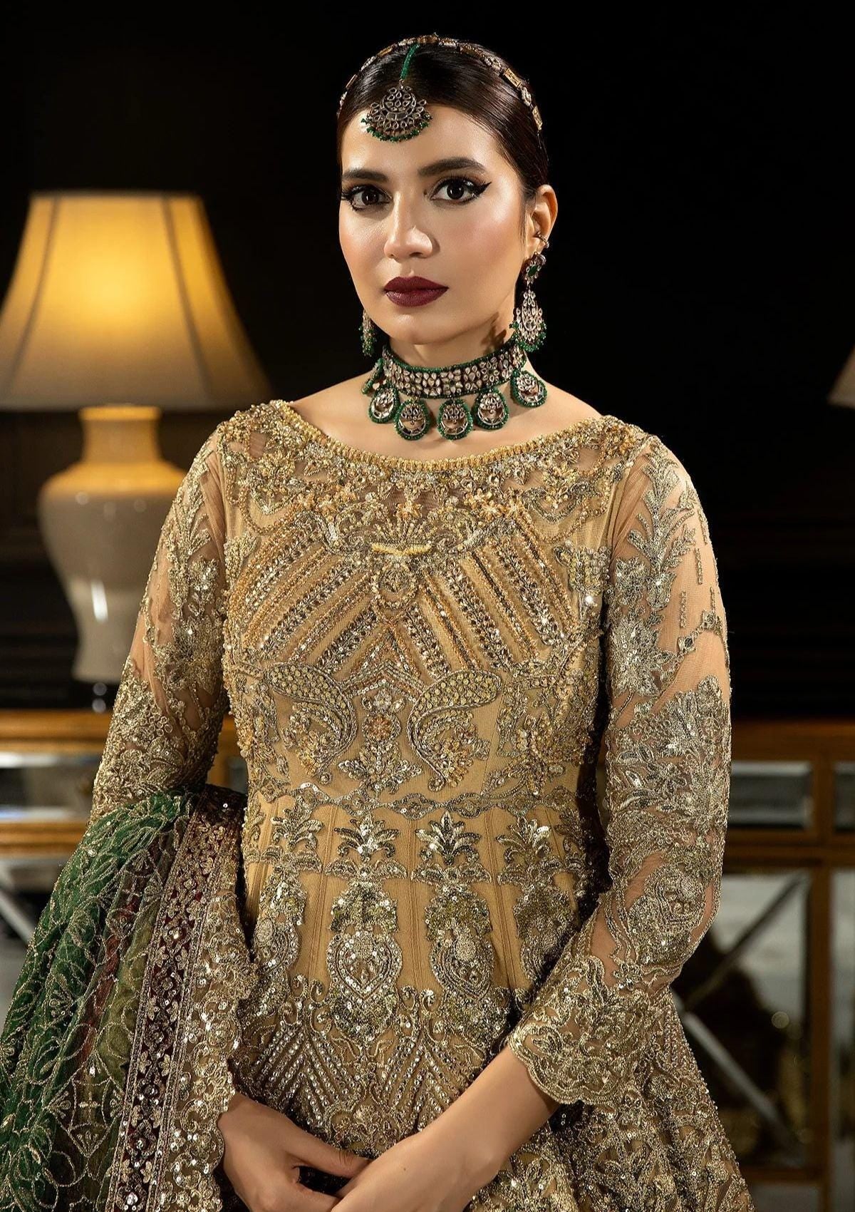 Golden Embroidered Pakistani Bridal Gown | Green Dupatta, Luxury Wedding Dress