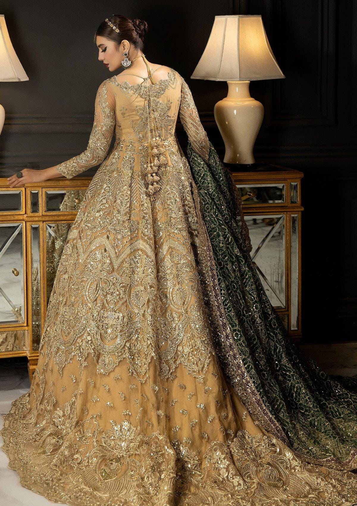 Golden Embroidered Pakistani Bridal Gown | Green Dupatta, Luxury Wedding Dress