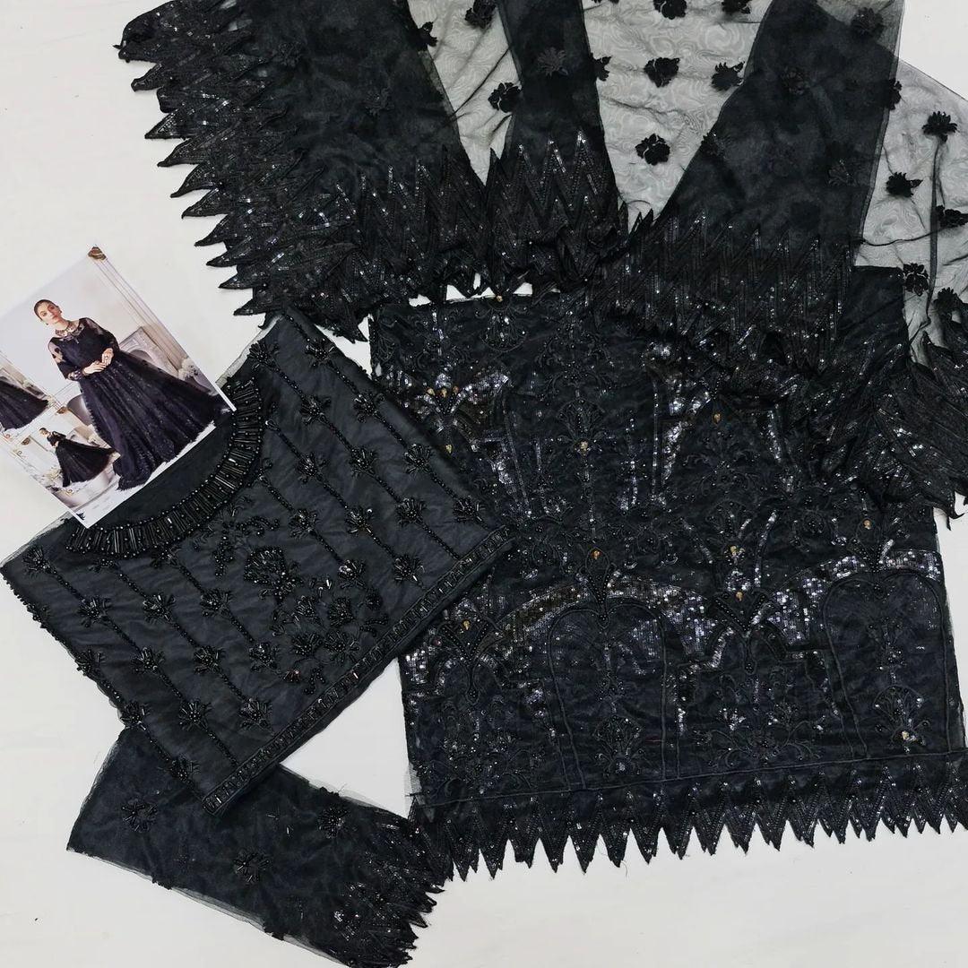Black Embroidered Net Gown | Pakistani Maxi Dress with Dupatta