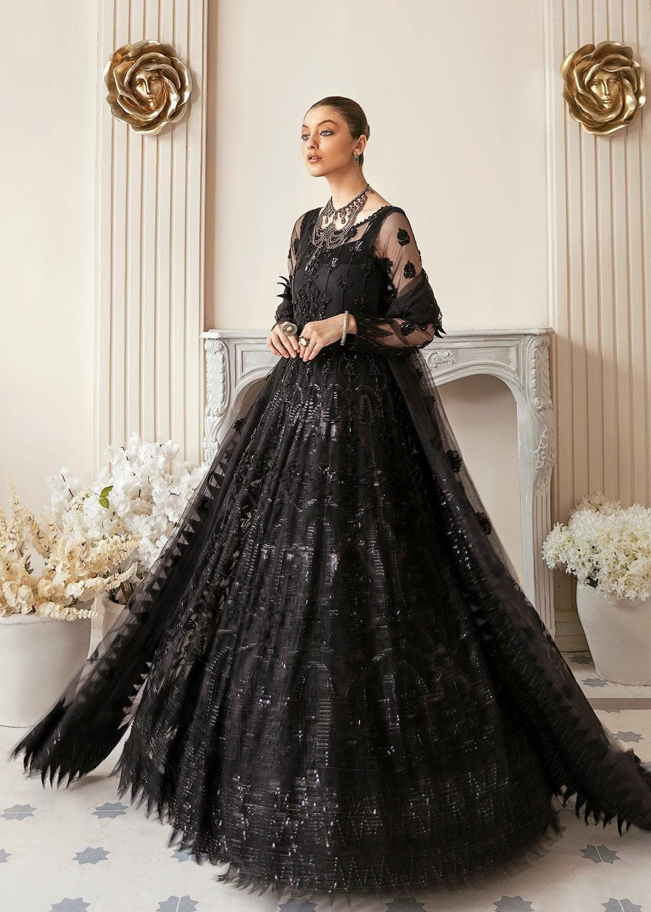 Black Embroidered Net Gown | Pakistani Maxi Dress with Dupatta