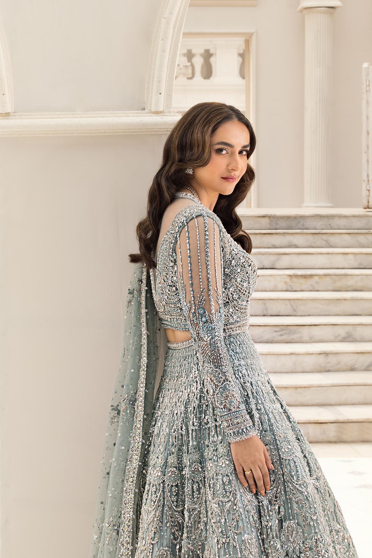 Hand-Embroidered Silver Bridal Maxi Dress – Pakistani Sequin Wedding Gown