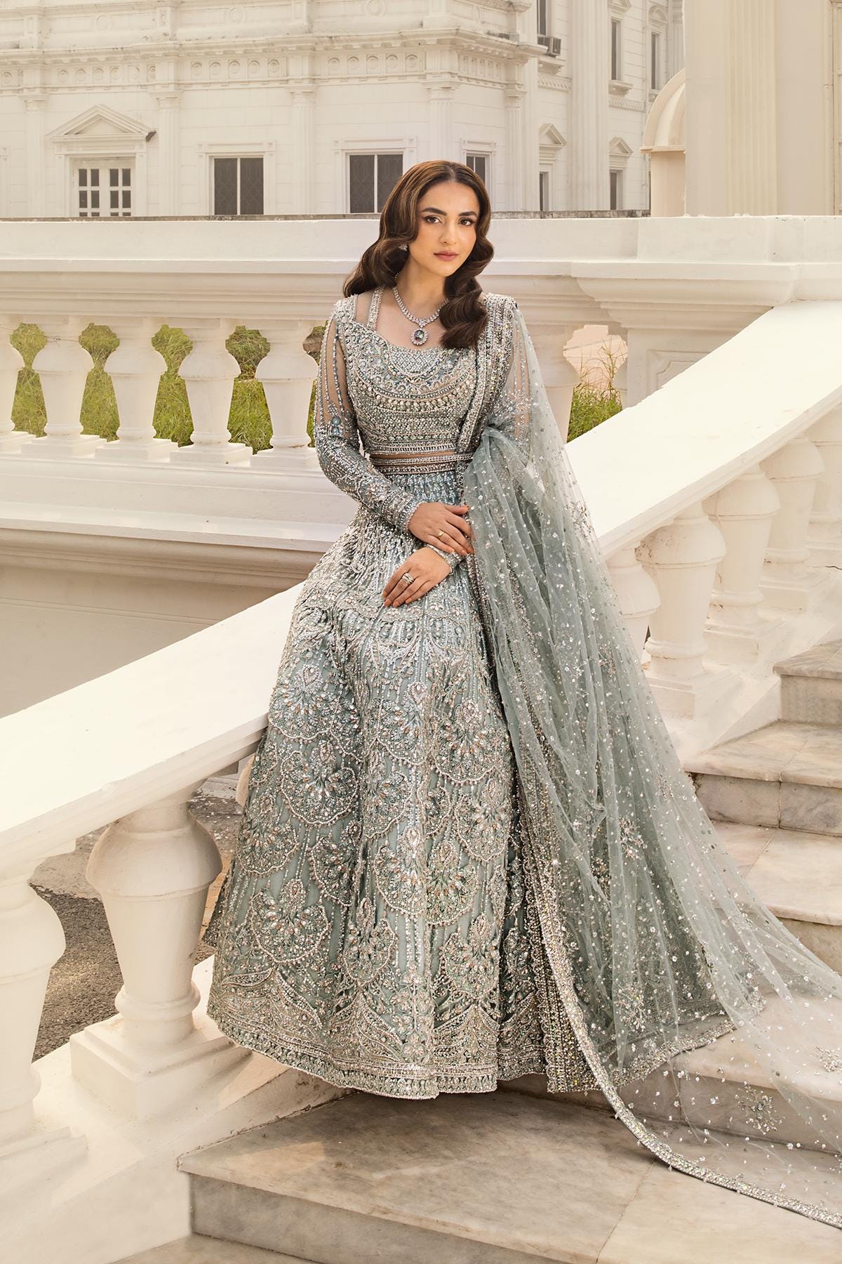 Hand-Embroidered Silver Bridal Maxi Dress – Pakistani Sequin Wedding Gown