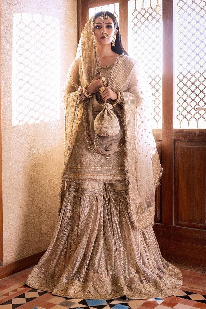 Hand-Embroidered Golden Bridal Sharara Dress – Pakistani Wedding Outfit