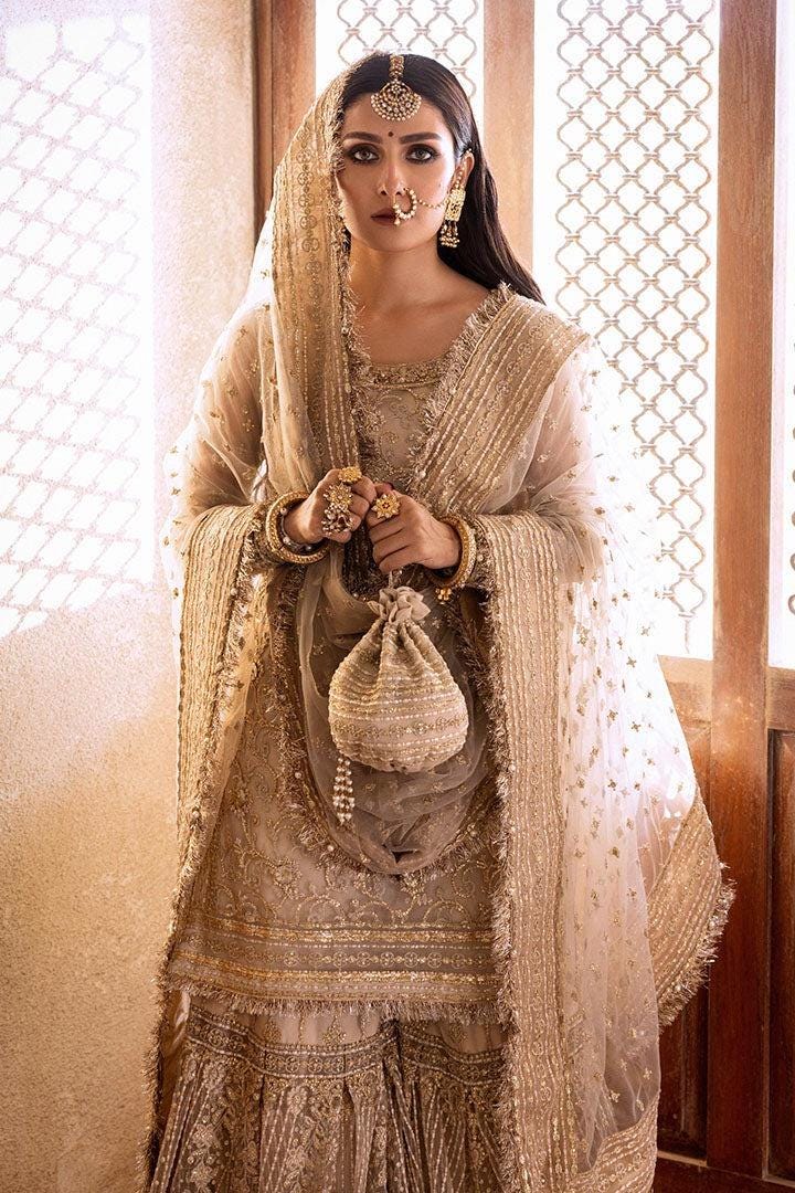 Hand-Embroidered Golden Bridal Sharara Dress – Pakistani Wedding Outfit