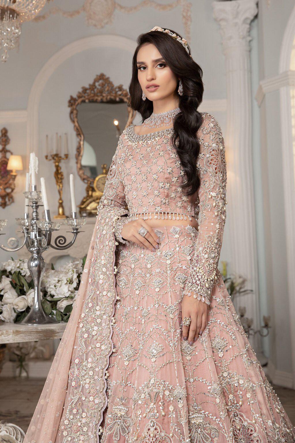 Pastel Pink Bridal Maxi Dress | Embroidered Net Gown with Dupatta