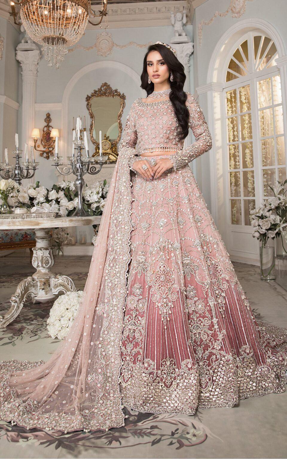 Pastel Pink Bridal Maxi Dress | Embroidered Net Gown with Dupatta