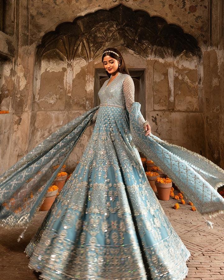Powder Blue Embroidered Bridal Maxi Dress | Pakistani Wedding Outfit