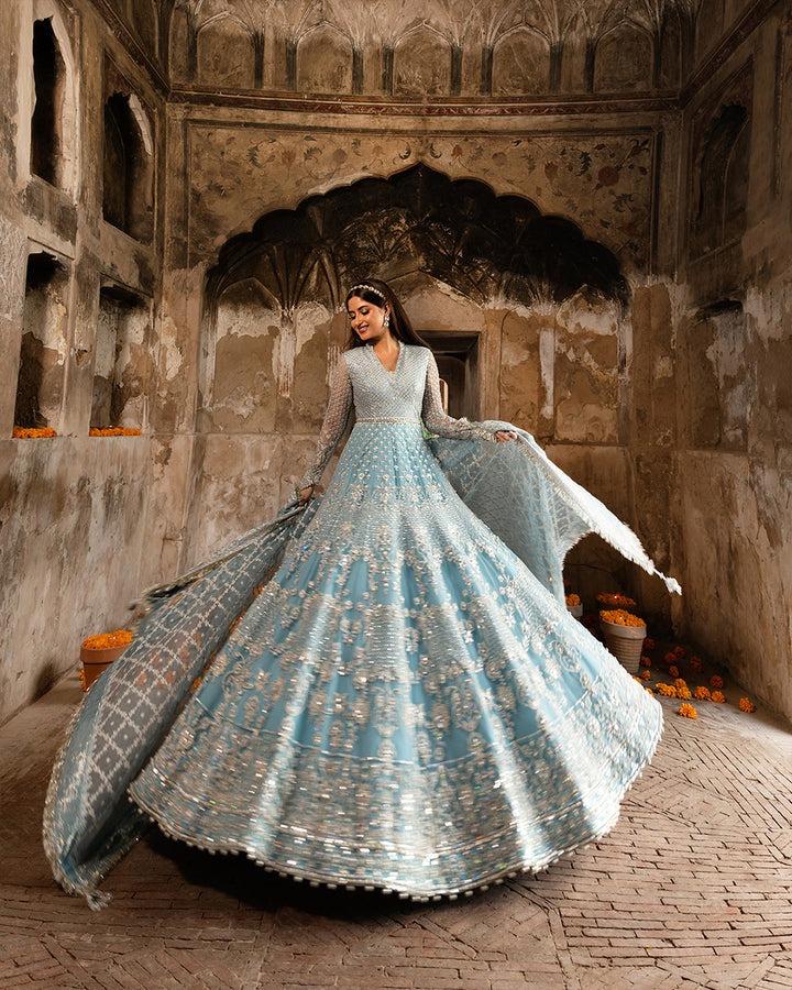 Powder Blue Embroidered Bridal Maxi Dress | Pakistani Wedding Outfit