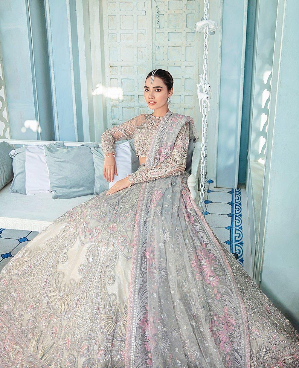 Silver Lilac Bridal Lehenga | Hand-Embroidered Pakistani Wedding Dress