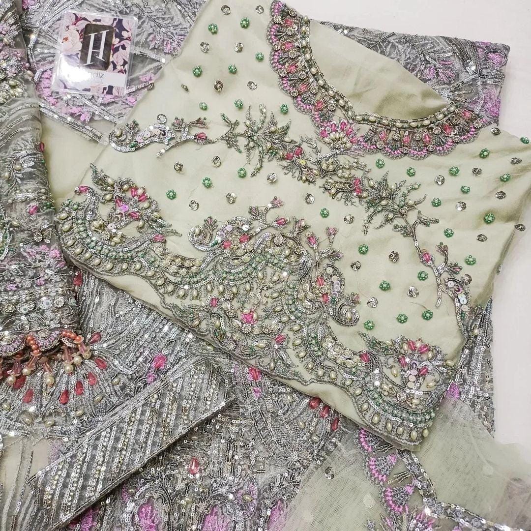 Silver Lilac Bridal Lehenga | Hand-Embroidered Pakistani Wedding Dress