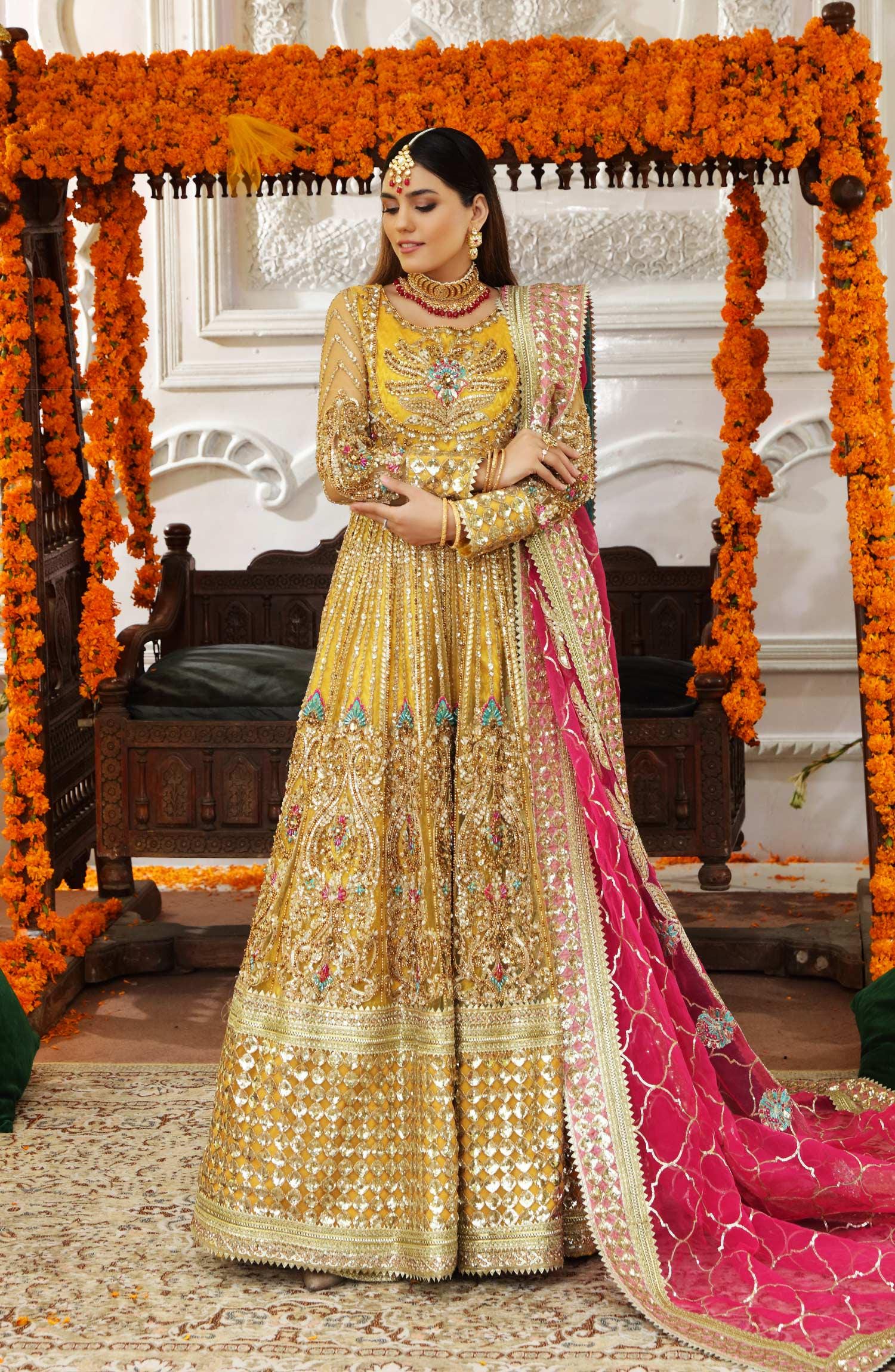 Yellow Bridal Lehenga, Gold Embroidered Pakistani Outfit with Dupatta