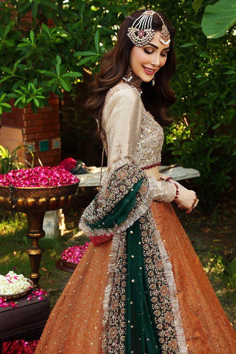 Rust Embroidered Lehenga with Green Dupatta | Pakistani Bridal Outfit