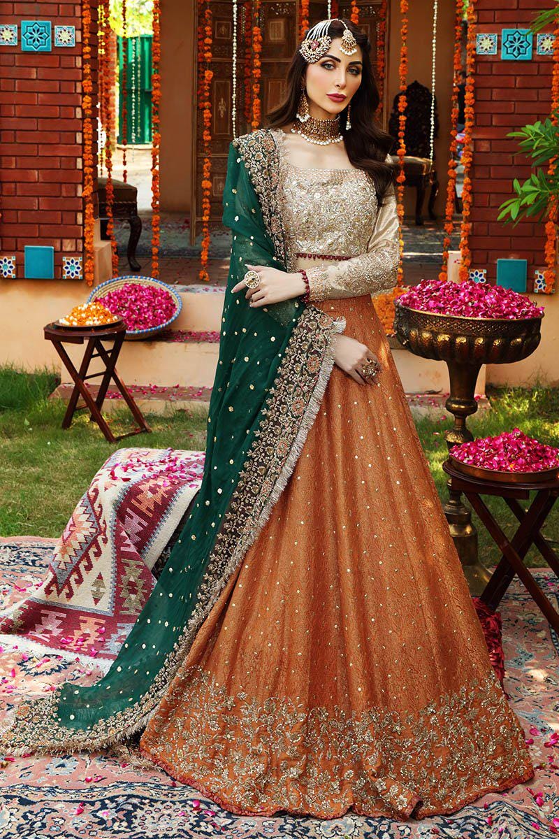 Rust Embroidered Lehenga with Green Dupatta | Pakistani Bridal Outfit