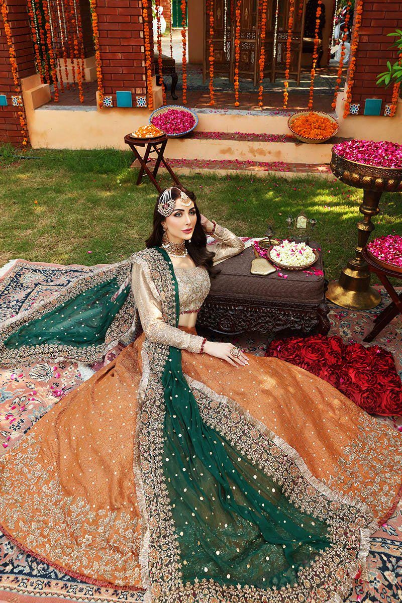 Rust Embroidered Lehenga with Green Dupatta | Pakistani Bridal Outfit