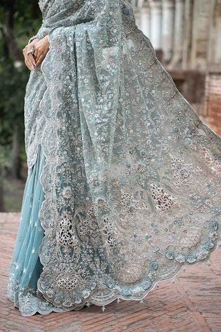 Bridal Net Saree with Heavy Embroidery, Pastel Blue Handwork, Custom Tailored Pakistani Wedding Wear