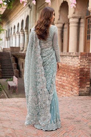 Bridal Net Saree with Heavy Embroidery, Pastel Blue Handwork, Custom Tailored Pakistani Wedding Wear