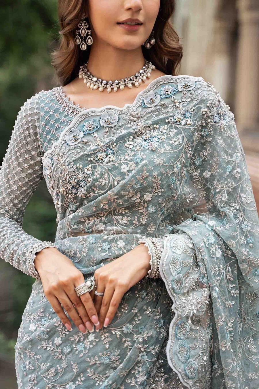 Bridal Net Saree with Heavy Embroidery, Pastel Blue Handwork, Custom Tailored Pakistani Wedding Wear