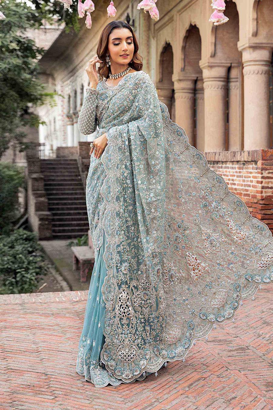 Bridal Net Saree with Heavy Embroidery, Pastel Blue Handwork, Custom Tailored Pakistani Wedding Wear