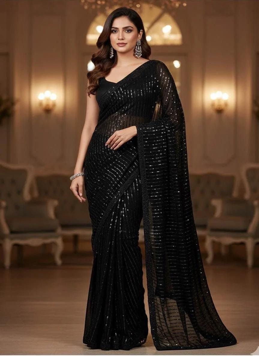Black Sequin Saree for Wedding, Party, Reception, Bollywood Look, Custom Designer Evening Outfit