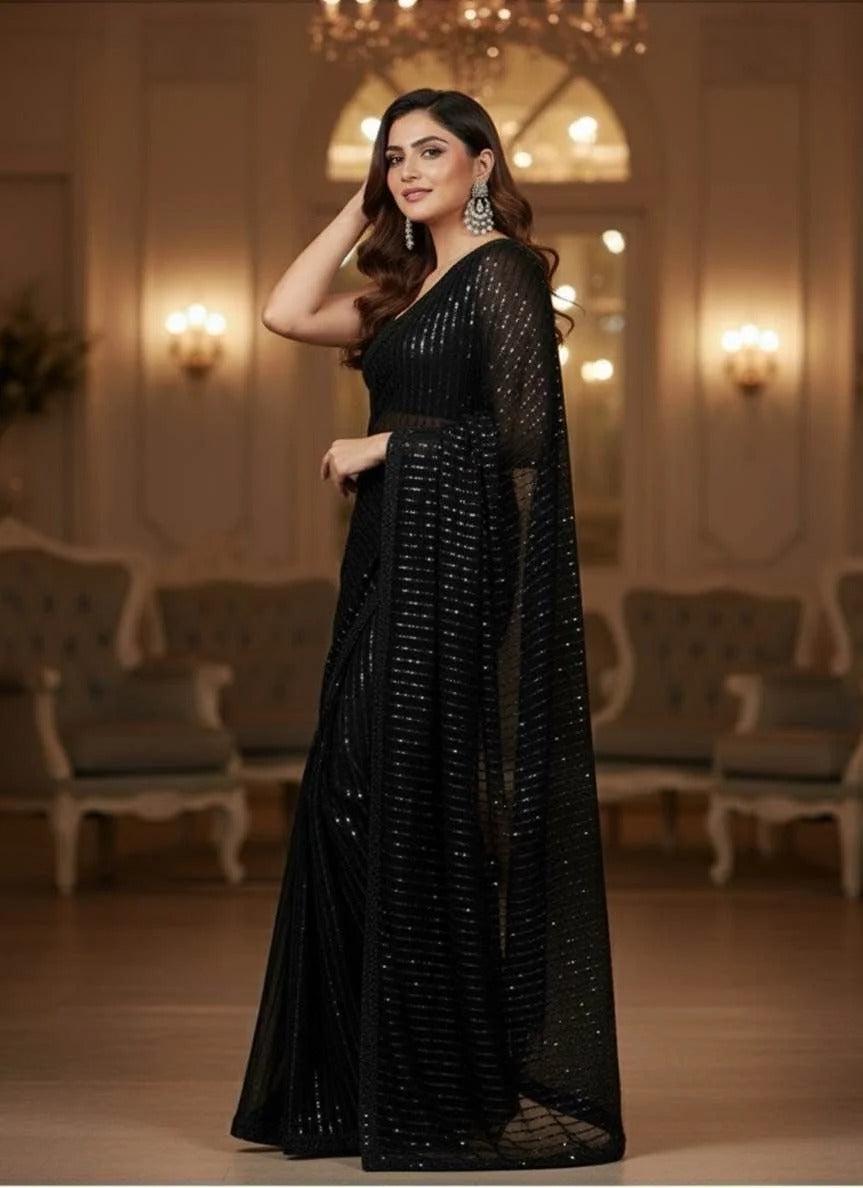 Black Sequin Saree for Wedding, Party, Reception, Bollywood Look, Custom Designer Evening Outfit