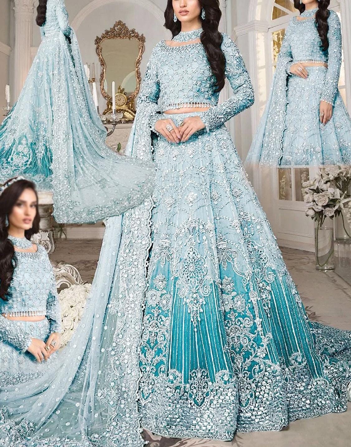 Ice Blue Bridal Lehenga | Embroidered Net Pakistani Wedding Dress