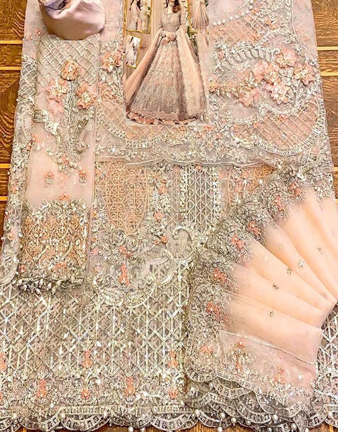 Peach Bridal Gown | Embroidered Net Maxi Dress with Dupatta