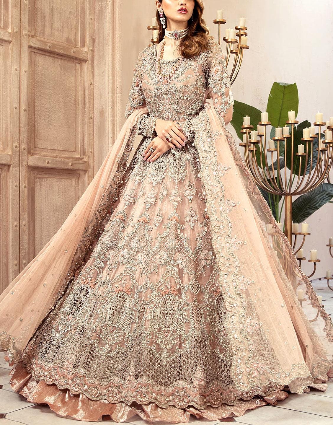 Peach Bridal Gown | Embroidered Net Maxi Dress with Dupatta