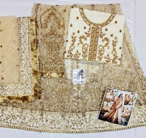 Golden Bridal Lehenga | Heavy Embroidered Pakistani Wedding Dress | Custom Stitched Nikah Outfit