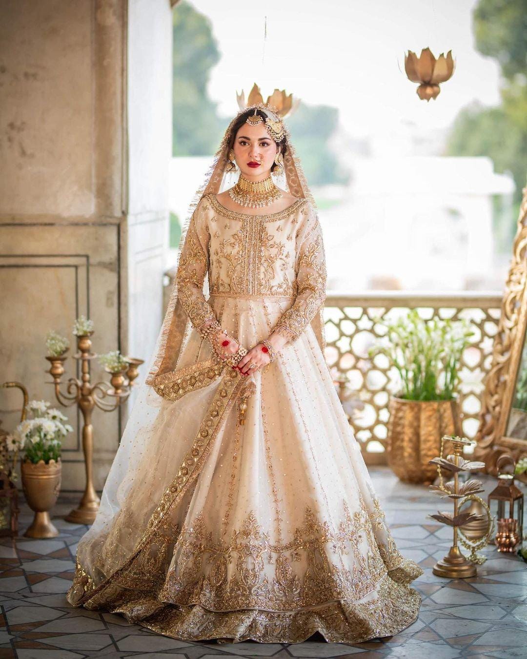 Golden Bridal Lehenga | Heavy Embroidered Pakistani Wedding Dress | Custom Stitched Nikah Outfit