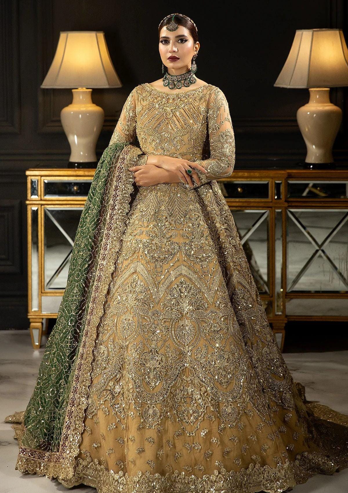 Golden Embroidered Pakistani Bridal Gown | Green Dupatta, Luxury Wedding Dress