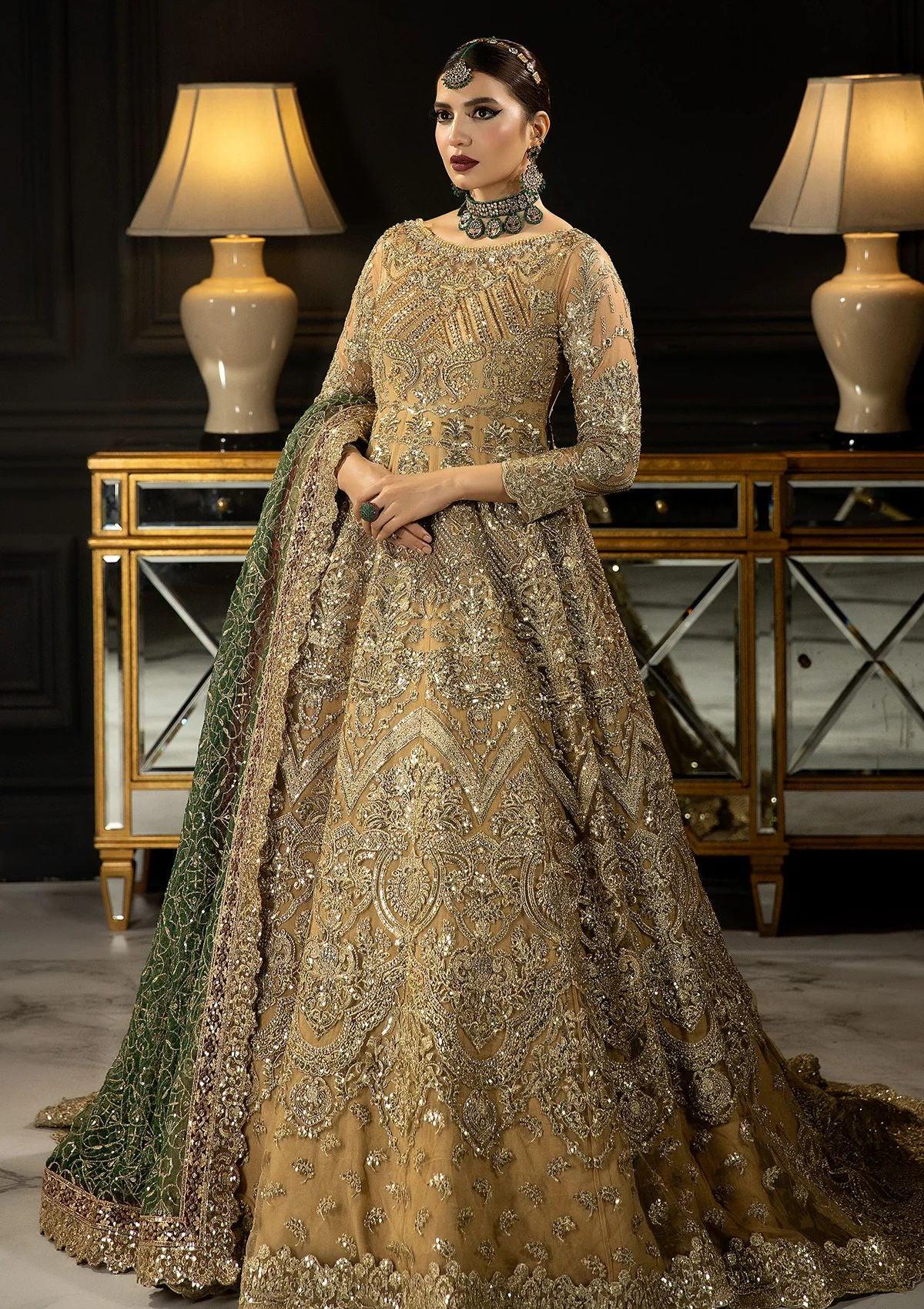 Golden Embroidered Pakistani Bridal Gown | Green Dupatta, Luxury Wedding Dress