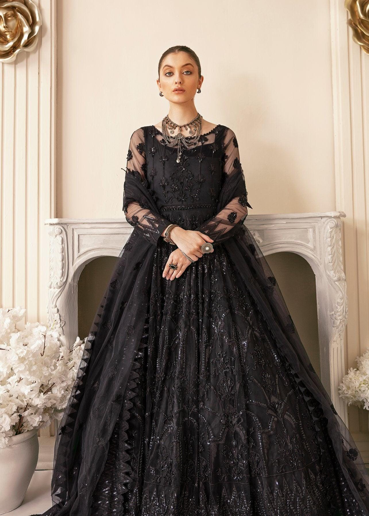 Black Embroidered Net Gown | Pakistani Maxi Dress with Dupatta