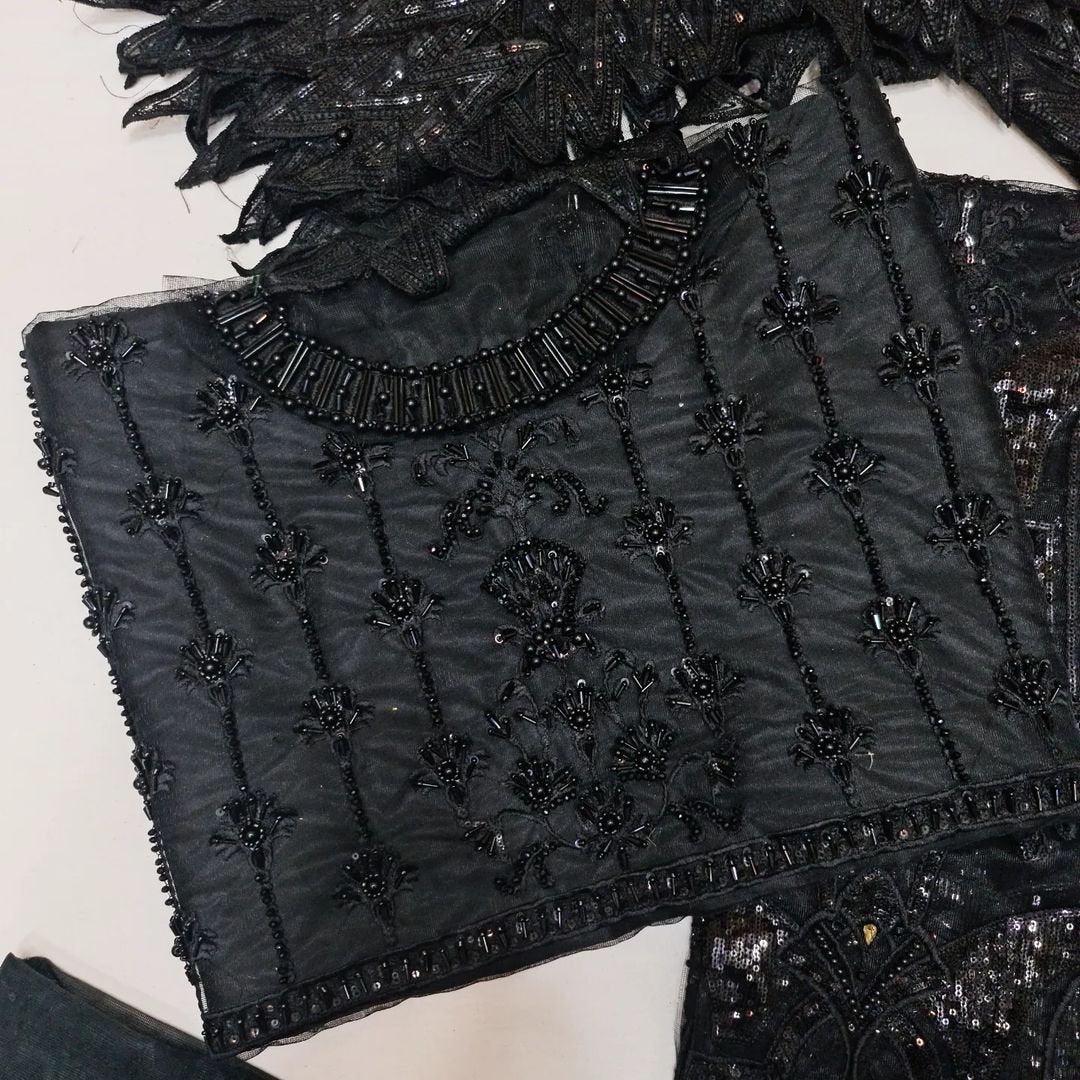 Black Embroidered Net Gown | Pakistani Maxi Dress with Dupatta
