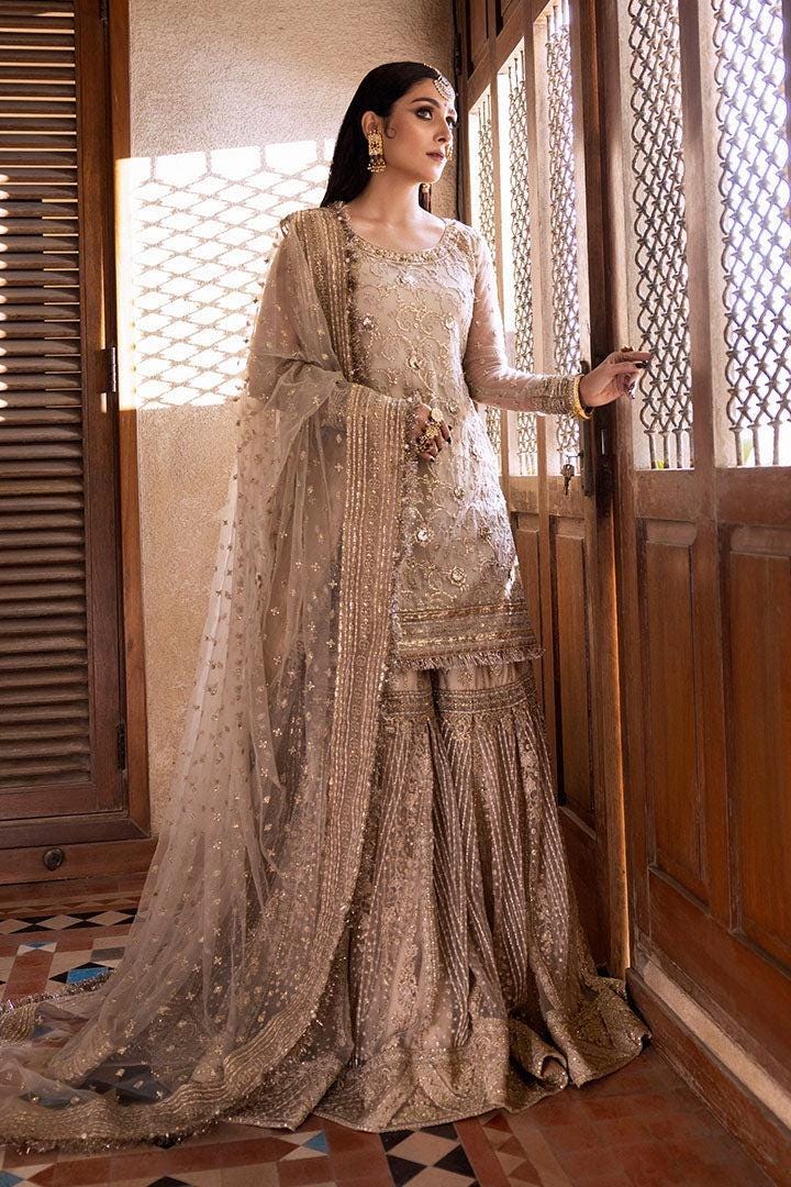 Hand-Embroidered Golden Bridal Sharara Dress – Pakistani Wedding Outfit
