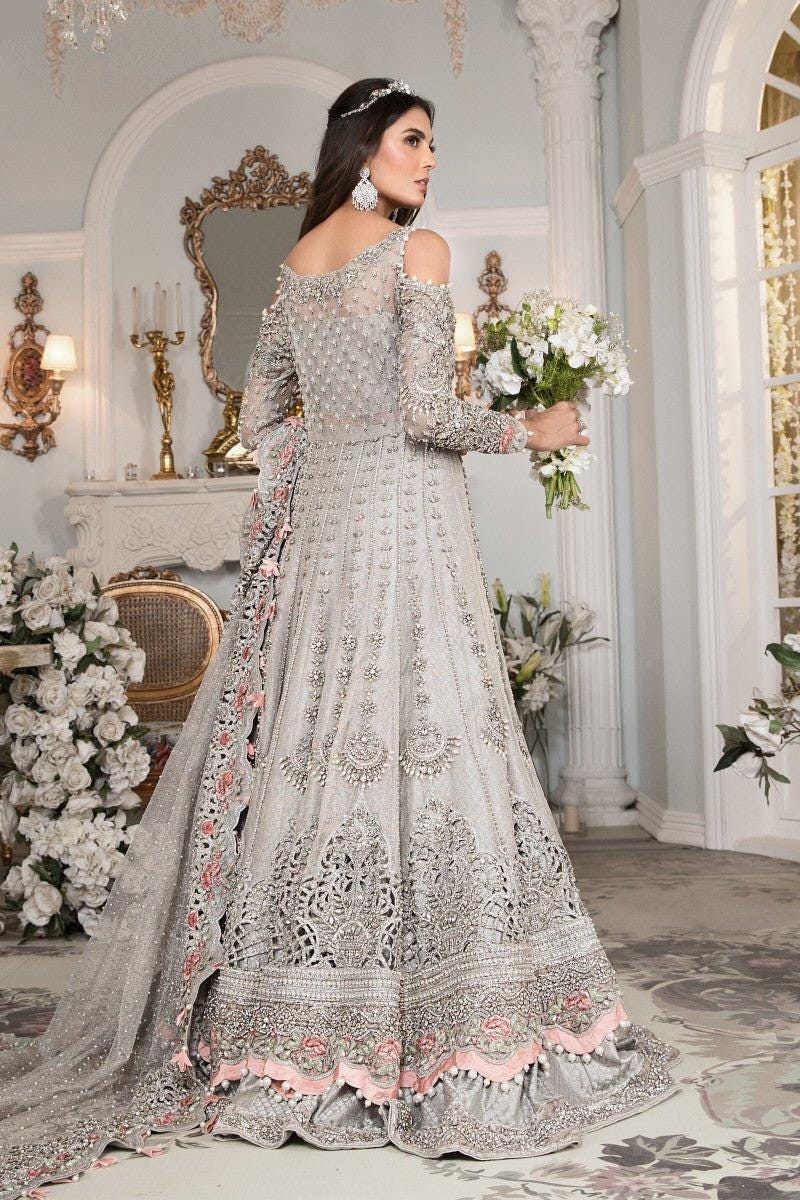 Luxury Silver Grey Heavy Embroidered Bridal Maxi Dress with Dupatta
