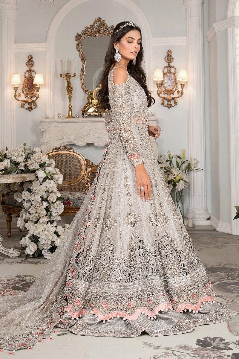 Luxury Silver Grey Heavy Embroidered Bridal Maxi Dress with Dupatta