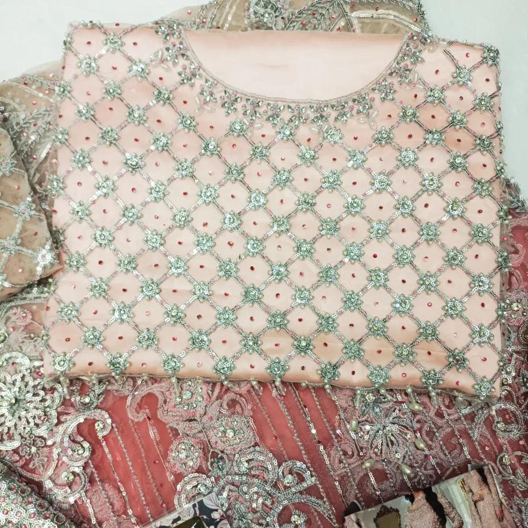 Pastel Pink Bridal Maxi Dress | Embroidered Net Gown with Dupatta